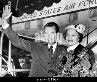 Richard Nixon and wife Pat waving to crowd, during their campaigning at ...