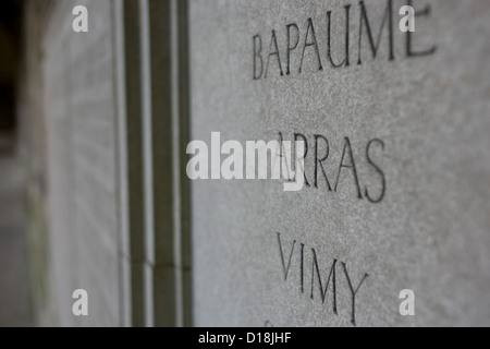 The names of battles in northern France, scenes of slaughter and sacrifice for young men of the First World War, seen on a memorial at Wincheters College, England where many old boys schooled here and who went on to become leaders and officers in the trenches. Stock Photo