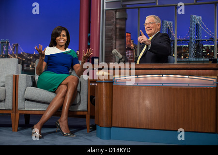 First Lady Michelle Obama is interviewed during a taping of the 'Late Show with David Letterman' at the Ed Sullivan Theater in Stock Photo