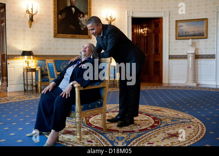 President Barack Obama talks with Presidential Medal of Freedom recipient Toni Morrison in the Blue Room of the White House, Stock Photo