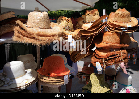 Hats at the weekly market in Alcudia old town, Playa de Alcudia, Mallorca Island, Balearic Isles, Spain, Europe Stock Photo