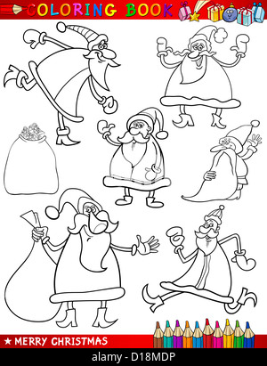 Coloring Book or Page Cartoon Illustration of Christmas Themes Set with Santa Claus or Papa Noel and Xmas Presents Stock Photo