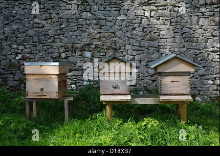 Wooden artifical man-made beehives in England, UK against a farm stone wall.