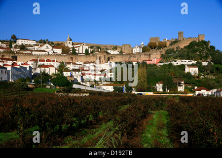 Obidos cobbled streets, medieval walled town in Portugal, north of Lisbon. Stock Photo