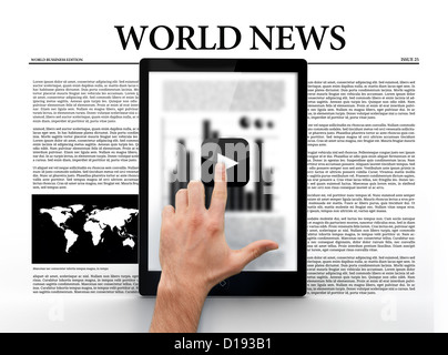 Hand touching play button on digital tablet showing graph Stock Photo
