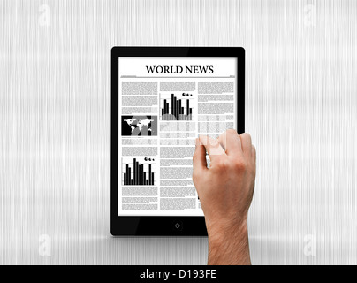 Hand scrolling through world news on digital tablet Stock Photo