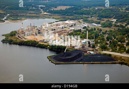 aerial photograph TES Filer City Station coal fired power plant, Lake Manistee, Michigan Stock Photo