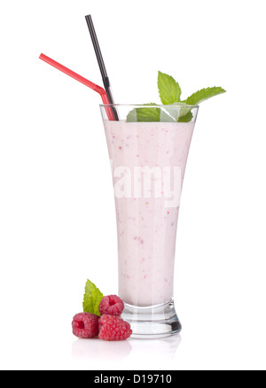 Raspberry milk smoothie with mint and drinking straws. Isolated on white background Stock Photo