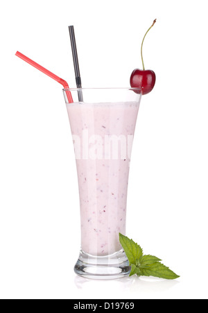 Cherry milk smoothie with mint and drinking straws. Isolated on white background Stock Photo