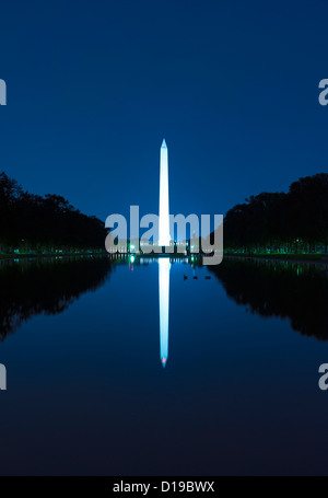The Washington Monument and reflecting pool at twilight on the National Mall,  Washington DC Stock Photo