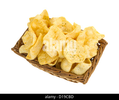 A small wicker basket filled with jalapeño seasoned potato chips on a white background. Stock Photo