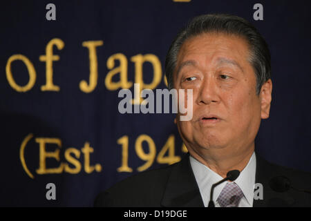 December 12, 2012, Tokyo, Japan - Japan's political kingpin Ichiro Ozawa speaks during a news conference at Tokyo's Foreign Correspondents' Club of Japan on Wednesday, December 12, 2012.  <br><br> A stalwart he is, Ozawa departed from the ruling Democratic Party of Japan, which he helped to a landslide victory in the 2009 general election, over the plan to increase the sales tax. He then formed a party of his own, the third-largest force in the Diet with loyal followers across the board. With less than a month before the December 16 Diet lower house election, Ozawa merged his People's Life Fir Stock Photo