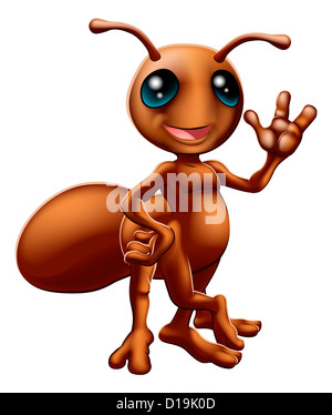 Illustration of a happy cute cartoon ant mascot waving Stock Photo