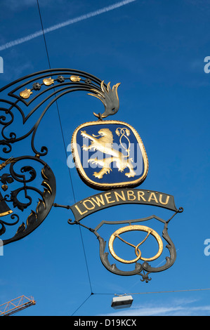 Löwenbräu Sign in front of Löwenbräukeller in Munich Stock Photo