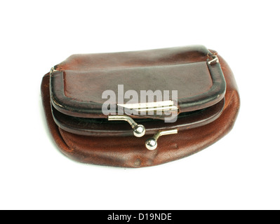 Old ladies brown leather purse on white background Stock Photo