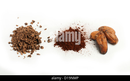 Cocoa beans, cocoa powder and grated chocolate white isolated Stock Photo