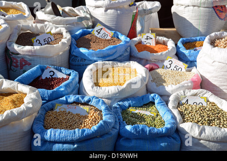 Sacks of beans and dried goods, Italy Stock Photo