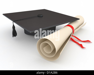 Graduation. Mortarboard and diploma on white background. 3d Stock Photo