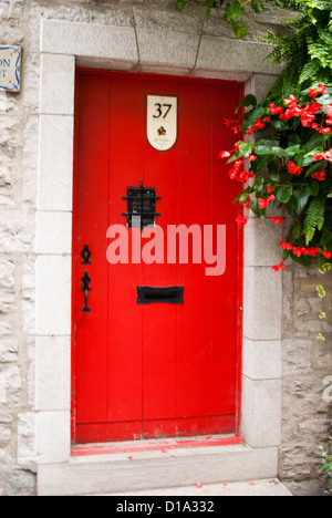 Bright red door set in stone building, red flowers on a vine next to it. Stock Photo