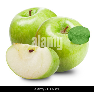 Green apples and half of apple on a white background. Clipping Path Stock Photo