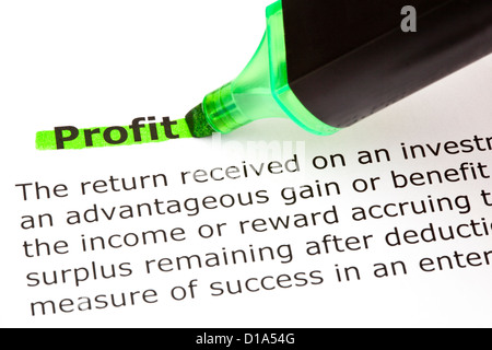 Definition of the word Profit highlighted in green with felt tip pen Stock Photo