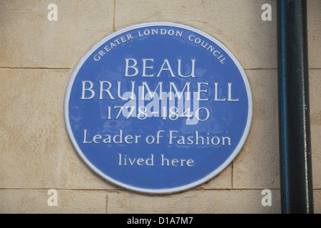 Blue plaque to Beau Brummell, creator of the men's suit, 4 Chesterfield Street, Mayfair, London, UK. Stock Photo