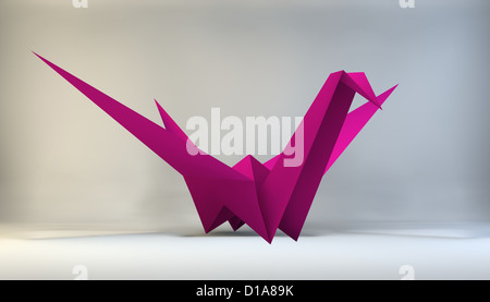 Pink origami bird against white, clipping path Stock Photo