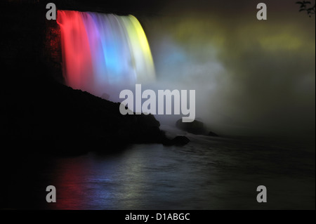 Illuminated Bridal Veil Falls, Niagara Falls, Ontario, Canada Stock Photo