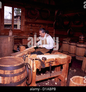 Cooper making Staves for a Wooden Barrel in the Cooperage at  Fort Langley National Historic Site, BC, British Columbia, Canada Stock Photo