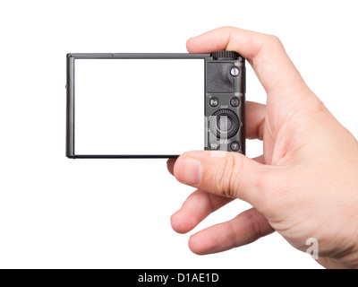 Rear view of compact digital held by caucasian hand Stock Photo