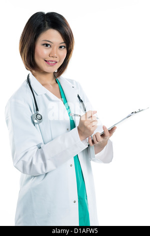 Chinese woman doctor wearing a green Scrubs and stethoscope. Isolated ...