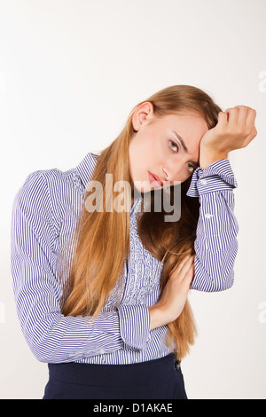 woman's headache at work isolated on white Stock Photo