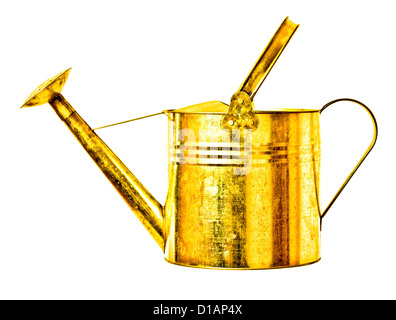 golden metal watering can isolated on white background Stock Photo