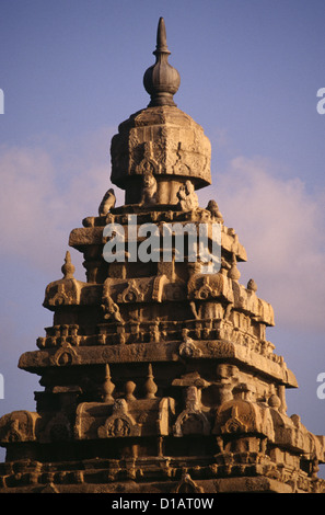 Ancient Dravidian architecture of the structural Shore Temple complex dating from the 8th century AD in Mamallapuram or  Mahabalipuram a town in Kancheepuram district in the state of Tamil Nadu South India Stock Photo
