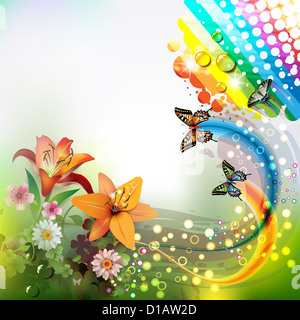 Background with lilies and butterflies Stock Photo