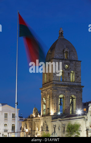 San Francisco Church and flag of La Paz at dusk, La Paz, Bolivia Stock Photo