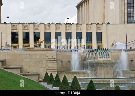 Tourists at viewpoint terrace of Palais de Chaillot above Jardins de Trocadero and Fountain of Warsaw Paris France Europe Stock Photo