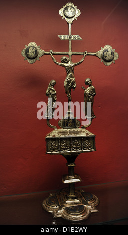 Altar crucifix with reliquary, depicting the four evangelists on a blue enamel ground. From Saint Michael's Church, Slagelse. Stock Photo