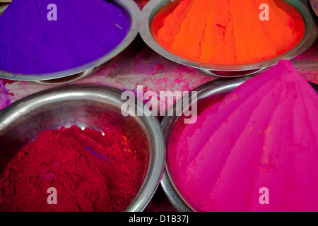 Colourful powdered paints at Mysore market Stock Photo