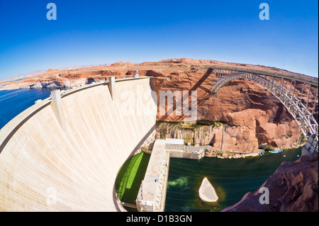 Lake Powell and the Glen Canyon hydro-electric power generating station dam near Page Arizona United States of America Stock Photo