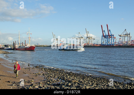 Oevelgoenne Beach and Terminal Buchardkai, harbour, Hamburg, Germany Stock Photo