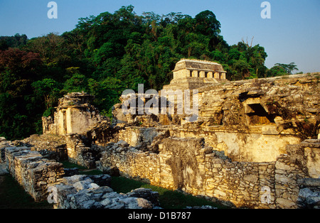 The Palace (El Palacio)  and the Temple of the Inscriptions in background.  Palenque Archaeological Site,  Chiapas State, Mexico Stock Photo