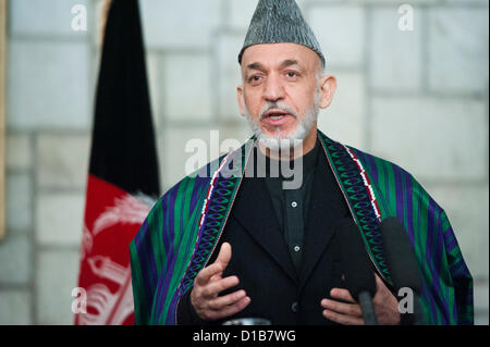 Afghan President Hamid Karzai during a joint press conference with US Defense Secretary Leon Panetta December 13, 2012 in Kabul, Afghanistan. Stock Photo