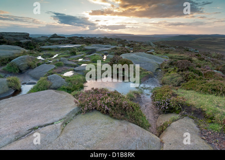 Sunset from Stanage Edge in the Peak District National Park on a late summer's evening. Stock Photo
