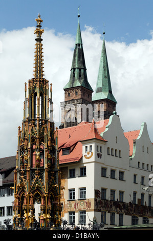 Nuernberg, Germany, the Schoene Brunnen on the Main Market Stock Photo