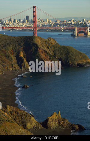 The silhouette of the Golden Gate Strait and San Francisco seen from Point Bonita cove, California Stock Photo