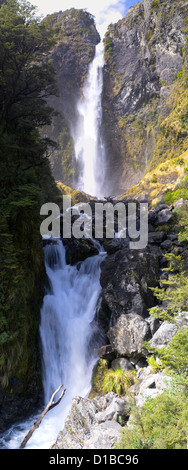 New Zealand's Devil's Punchbowl waterfall on a sunny day; Arthur's Pass National Park Stock Photo