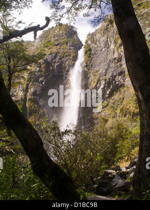 New Zealand's Devil's Punchbowl waterfall on a sunny day; Arthur's Pass National Park Stock Photo