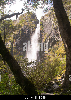 New Zealand's Devil's Punchbowl waterfall on a sunny day; Arthur's Pass National Park Stock Photo