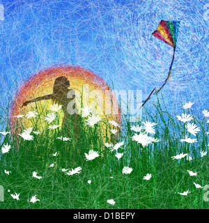 Young Girl having fun flying a multicoloured kite. Silhouette. Textured photo montage illustration Stock Photo